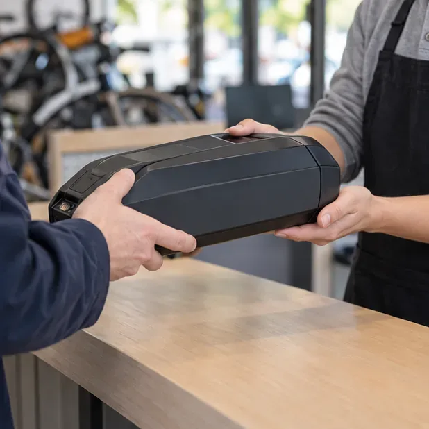 Un client remet une batterie de vélo électrique à un employé au comptoir d’un magasin spécialisé.