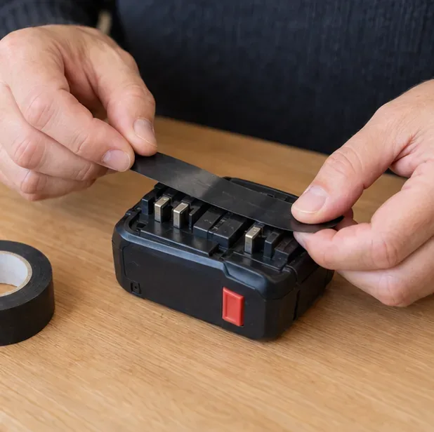 Des mains posent une bande de ruban isolant sur les contacts exposés d’une batterie intacte.