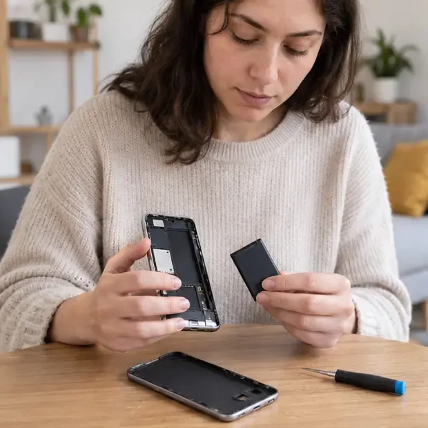 Une personne identifie une petite batterie amovible à côté d’un téléphone ouvert sur une table