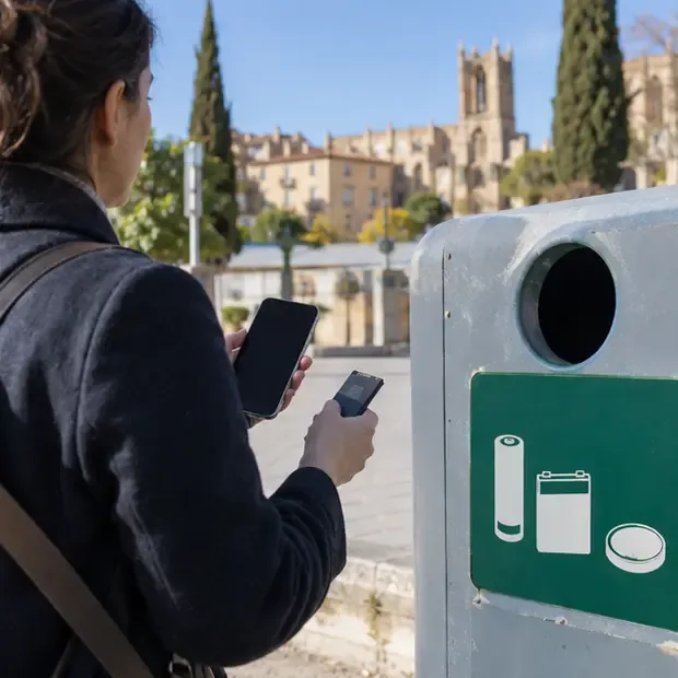 Une personne tient une petite batterie devant un conteneur de collecte dans un environnement urbain de Montpellier
