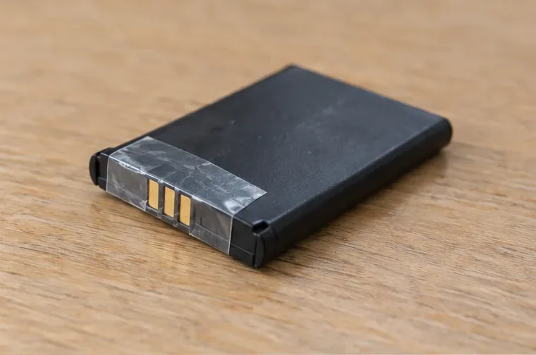 Une petite batterie noire dont les contacts métalliques sont recouverts d’un ruban adhésif transparent est posée sur une table en bois.