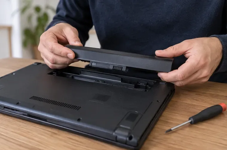 Une personne retire avec précaution une batterie amovible du logement situé sous un ordinateur portable posé sur une table.