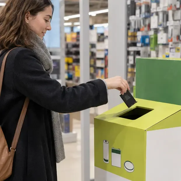 Une personne dépose une batterie dans une borne de collecte située dans un magasin