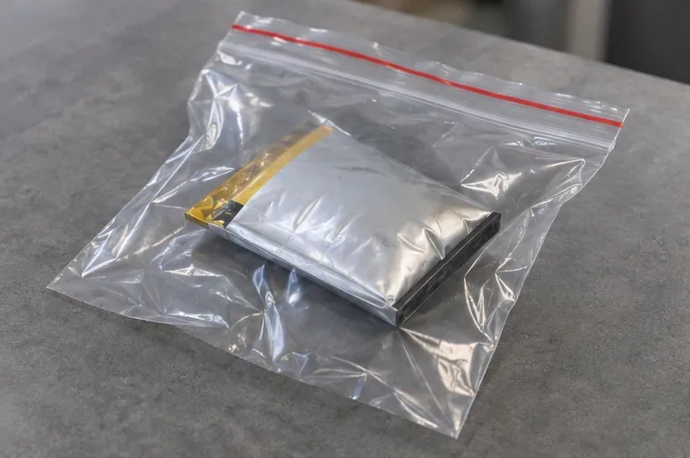 Une batterie souple visiblement gonflée repose seule à l’intérieur d’un sachet plastique transparent refermable posé sur une surface minérale.