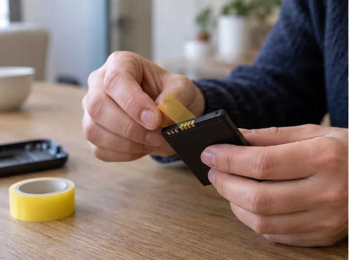Une personne protège avec un ruban isolant les contacts d’une petite batterie amovible posée sur une table.