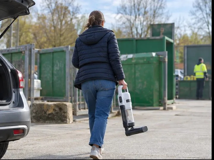 Une personne apporte un petit appareil électrique à un espace de dépôt d’une déchèterie.