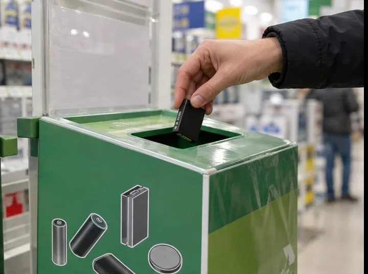 Une main dépose une petite batterie usagée dans un bac de collecte dédié installé dans un magasin.