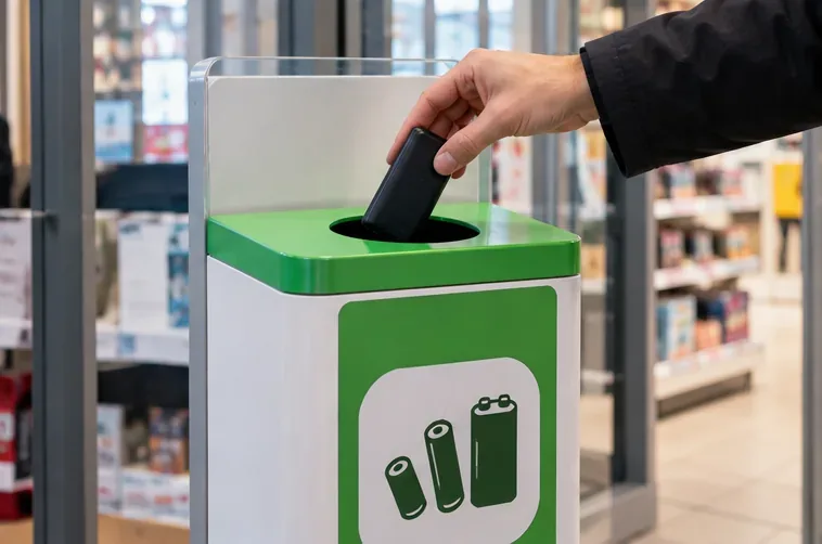 Main déposant une petite batterie externe noire dans une borne verte et blanche dédiée aux piles et batteries dans un commerce
