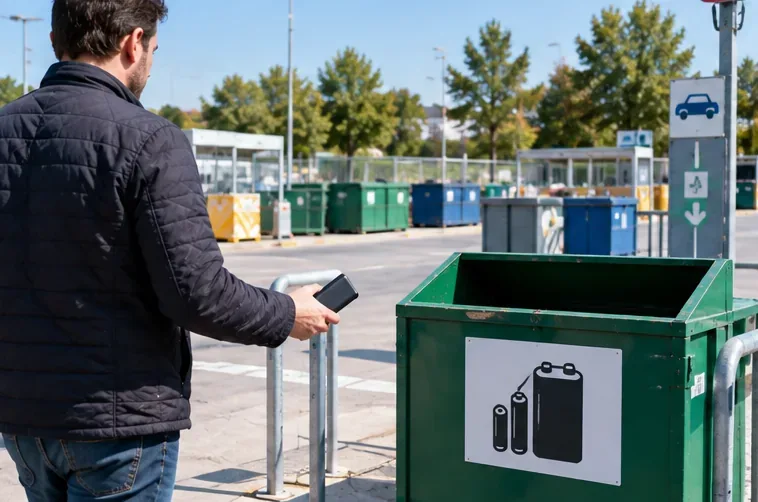 Personne tenant une batterie externe devant un grand conteneur signalant la collecte de piles et batteries dans une déchèterie