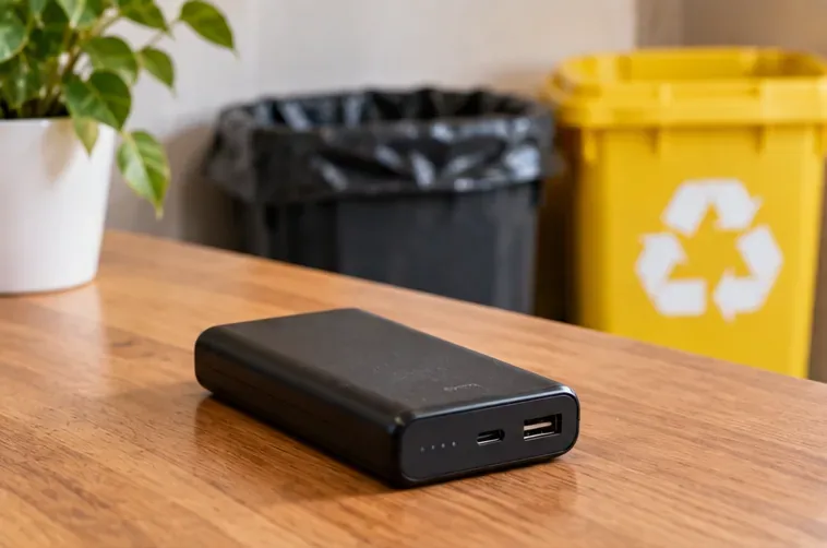 Batterie externe noire posée sur une table, avec des bacs de déchets visibles en arrière-plan