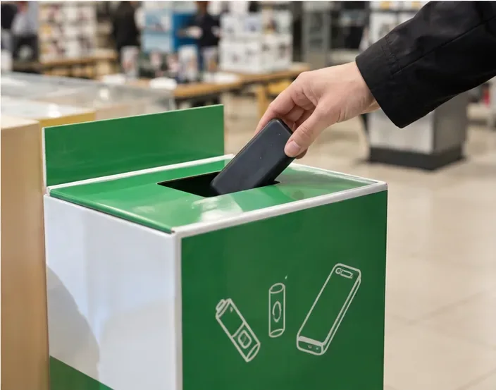 Une main dépose une batterie externe noire dans un collecteur vert destiné aux petits appareils et batteries dans un magasin.