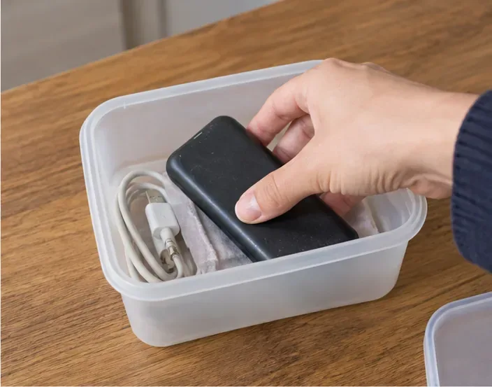 Une batterie externe noire est placée séparément dans une petite boîte de rangement avant son transport vers un point de collecte.