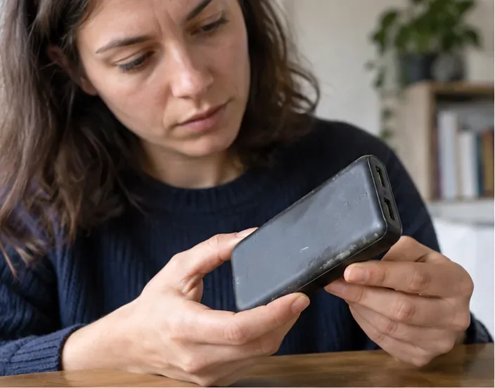 Une personne examine une batterie externe noire usée pour vérifier son état avant de l'apporter en collecte.