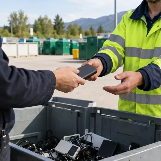 Habitant remettant une batterie externe à un agent dans un centre de recyclage