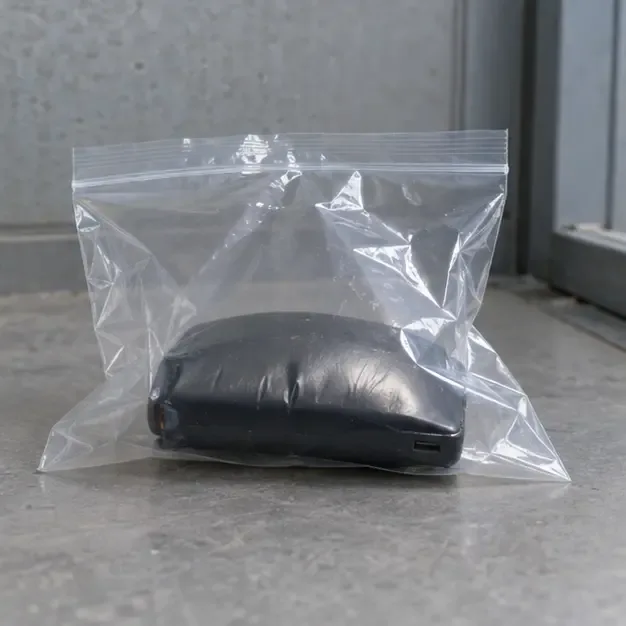 Batterie externe gonflée isolée dans un sachet plastique sur une surface minérale