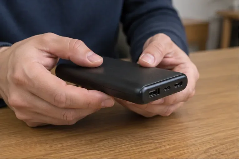 Une personne examine une batterie externe noire sur une table et vérifie son boîtier et ses ports avant de décider de son dépôt.