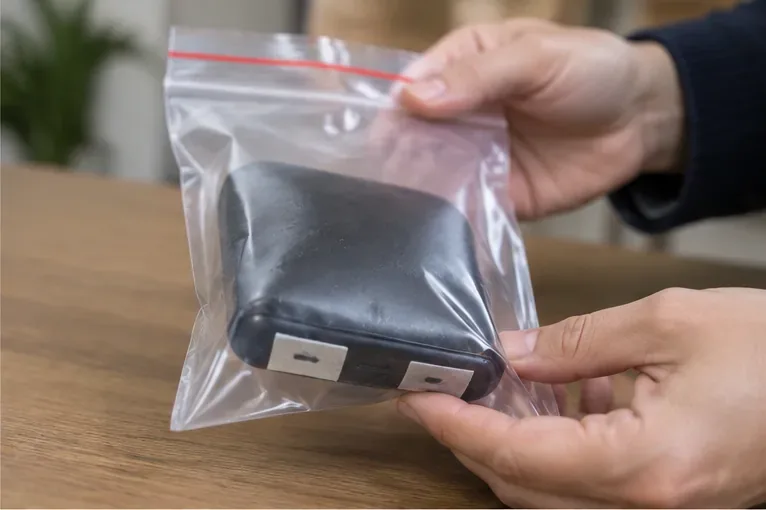 Une batterie externe légèrement gonflée est placée dans un sac plastique transparent fermé, avec ses connecteurs protégés.
