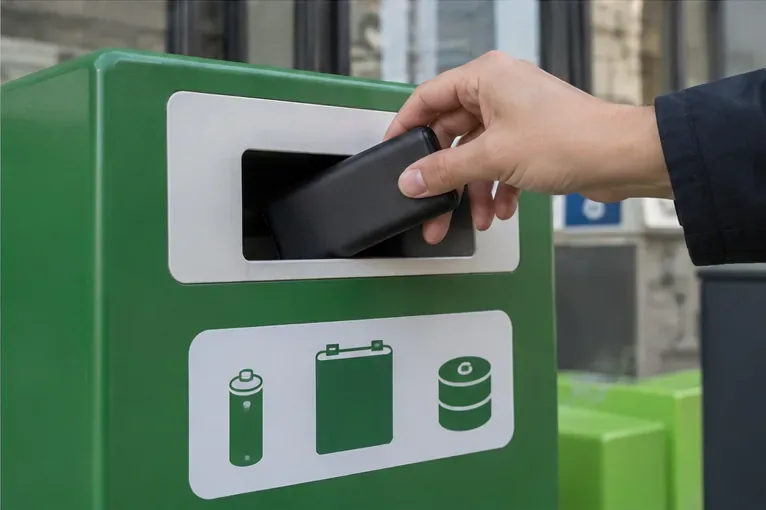 Une main dépose une batterie externe noire dans une borne verte identifiée par des pictogrammes de piles et batteries.