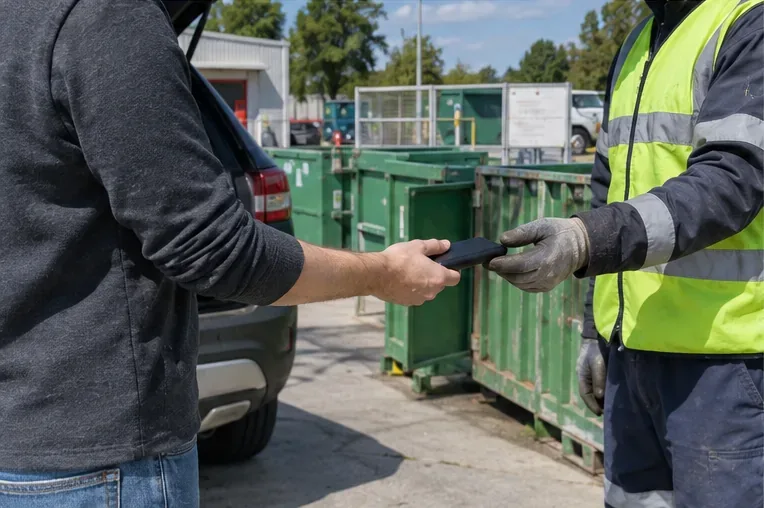 Usager remettant une batterie externe entière à un agent dans une déchèterie, sans démontage de l’appareil