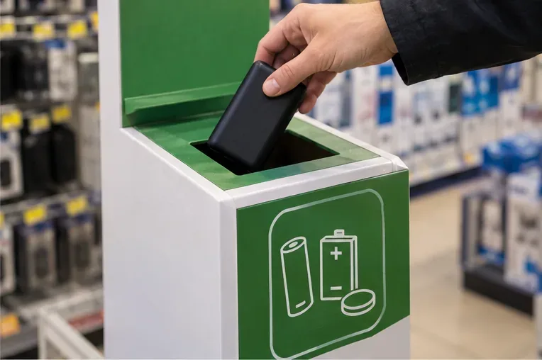 Main déposant une batterie externe noire dans un conteneur de collecte pour piles et petites batteries dans un magasin