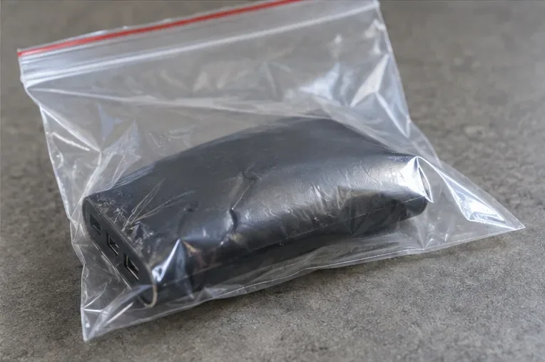 Batterie externe gonflée placée seule dans un sachet plastique transparent fermé sur une surface minérale