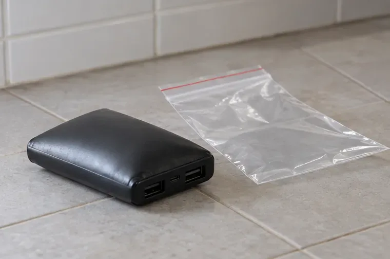 Une batterie externe est posée à côté d’un sachet plastique transparent sur un carrelage clair