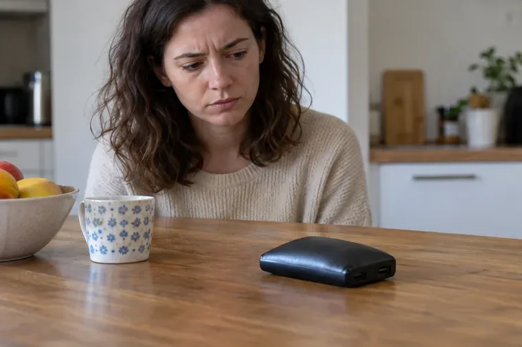 Une femme observe une batterie externe débranchée posée sur une table de cuisine