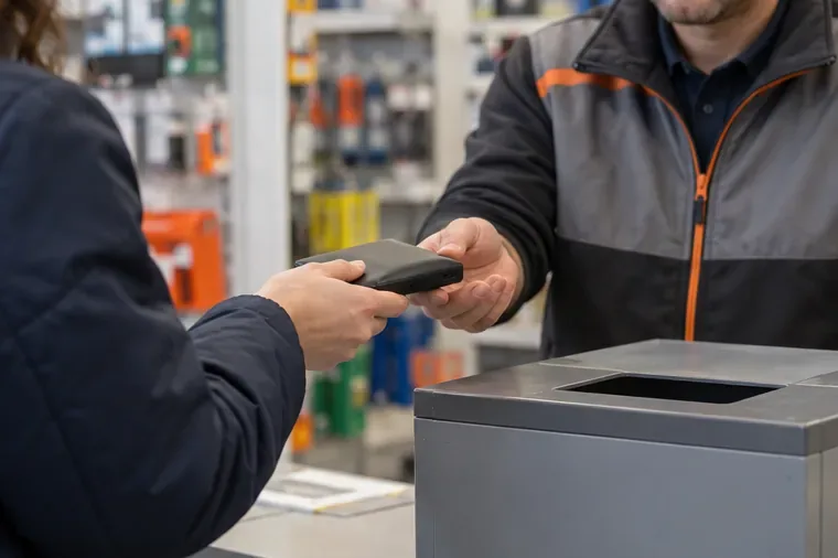 Une personne montre une batterie externe au personnel d’un magasin près d’un conteneur de collecte