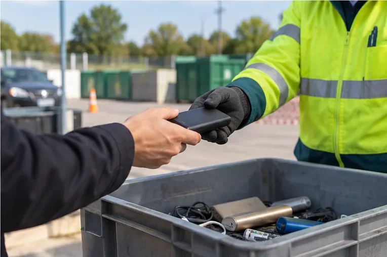 Remise d’une batterie externe à un agent de déchèterie