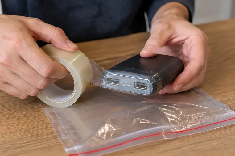Des mains protègent les ports d’une batterie externe avec du ruban avant de la placer dans un sachet transparent