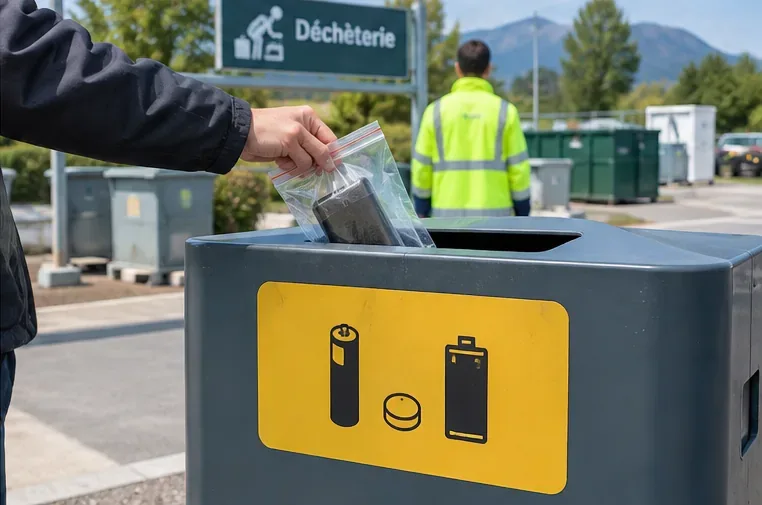 Une personne dépose une batterie externe protégée dans un conteneur de collecte dédié aux piles et batteries dans une déchèterie