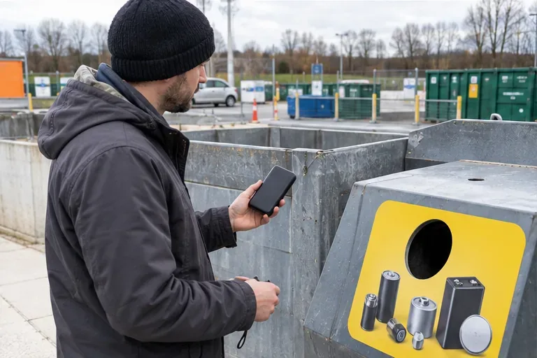 Un usager tient une batterie externe noire près d’un conteneur de collecte des batteries dans une déchèterie.