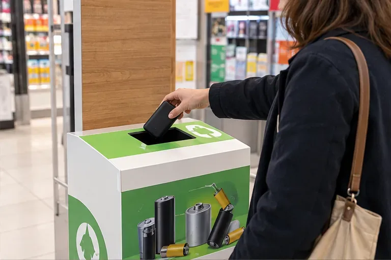 Une personne dépose un petit appareil noir dans une borne de collecte verte installée dans un magasin.