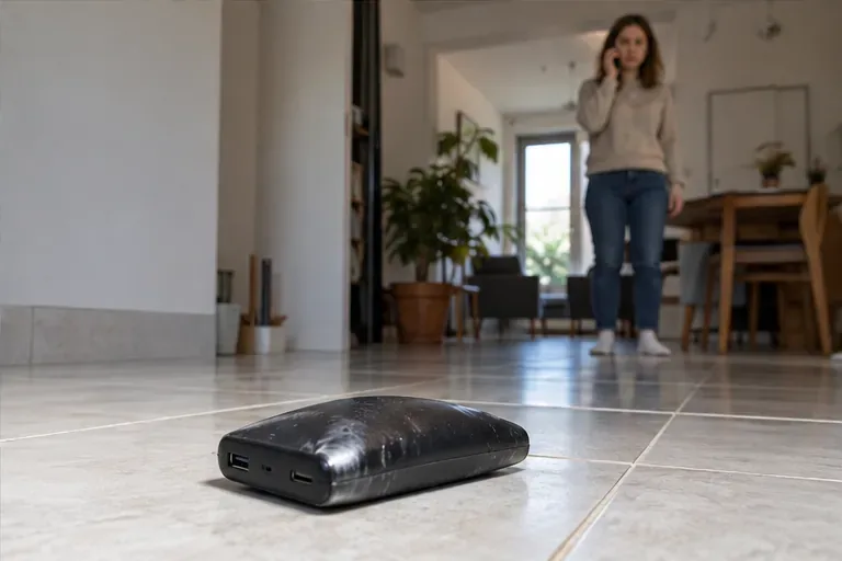 Une batterie externe déformée repose seule sur un sol carrelé dégagé ; une personne au second plan téléphone à distance.