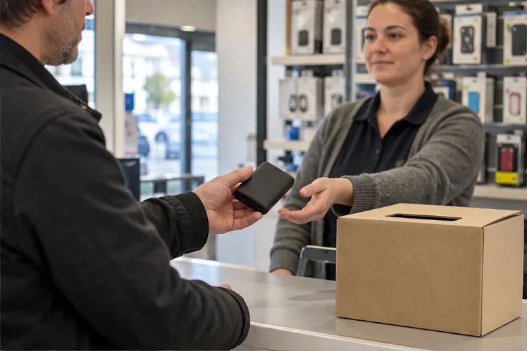 Une personne remet une batterie externe à une vendeuse dans un magasin d’électronique