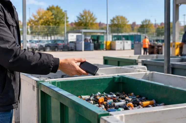 Une personne apporte une petite batterie dans une zone de collecte équipée de grands contenants