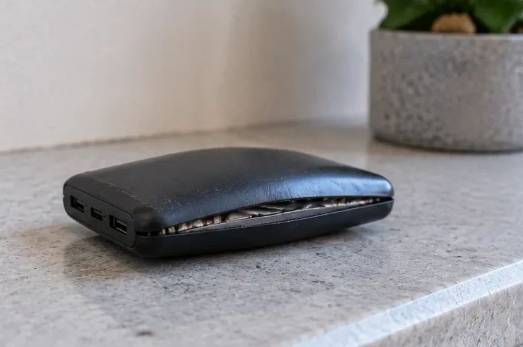 Une batterie externe noire visiblement gonflée, dont le boîtier s’est entrouvert