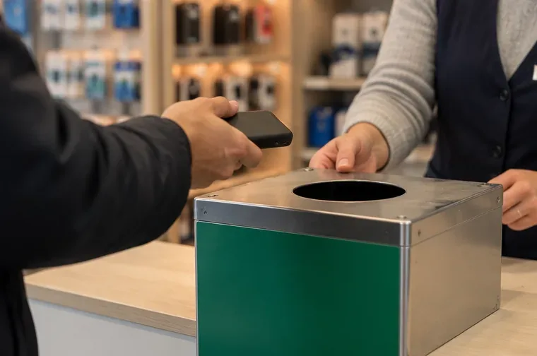 Une personne remet une petite batterie externe à un employé près d’un contenant de collecte dans un magasin