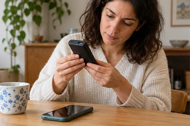 Une femme examine le boîtier d’une batterie externe compacte, intacte, près d’un téléphone posé sur la table.