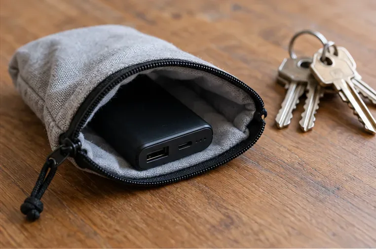 Une batterie externe intacte est rangée dans une pochette en tissu, à distance d’un trousseau de clés.