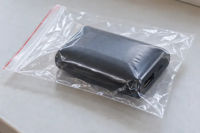 Une batterie externe légèrement gonflée repose dans un sachet plastique transparent fermé, sans fumée ni fuite visible.