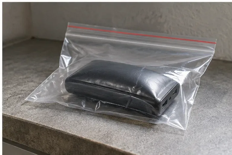 Une batterie externe gonflée placée seule dans un sachet plastique transparent fermé, sur un plan de travail.