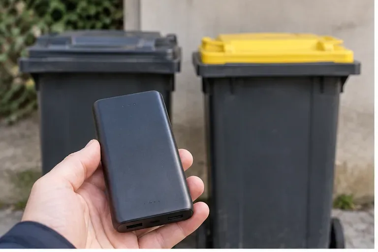 Une batterie externe noire tenue à la main devant des bacs à déchets, pour rappeler qu’elle ne doit pas être jetée avec les ordures ménagères ou le tri.