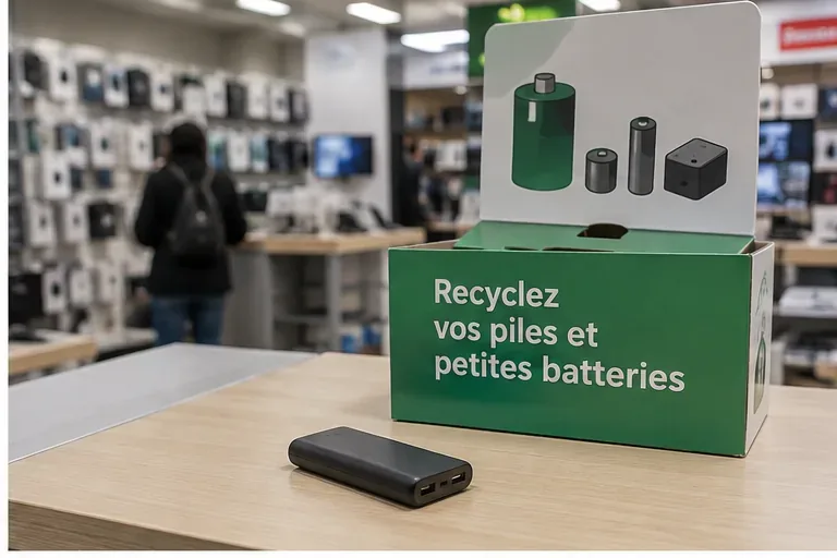 Une petite batterie externe posée près d’un bac de collecte de piles et petites batteries dans un magasin d’électronique.