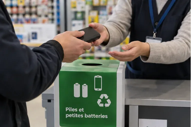 Une personne remet une petite batterie externe à un agent près d’un bac de collecte pour piles et petites batteries.