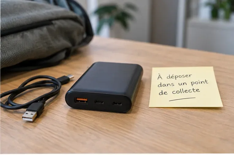 Une batterie externe noire et son câble sont posés sur une table à côté d’une note indiquant qu’ils doivent être déposés dans un point de collecte.