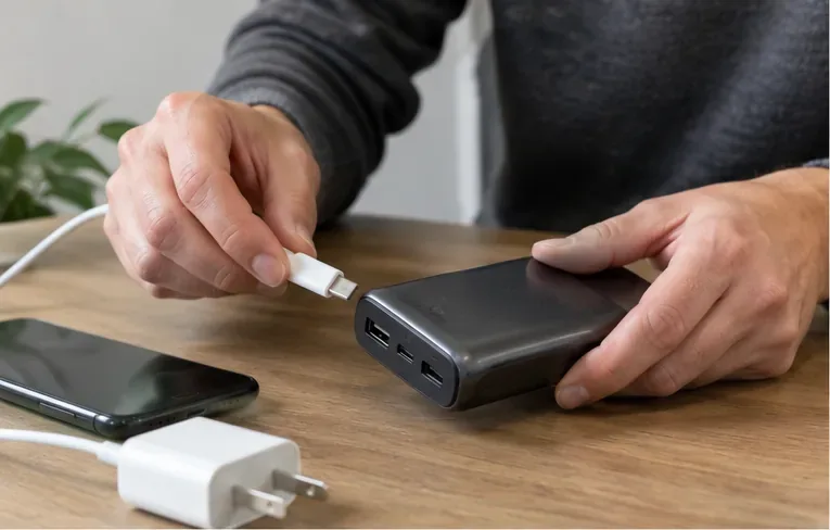 Une personne débranche une batterie externe noire posée sur une table avant de la préparer pour le recyclage