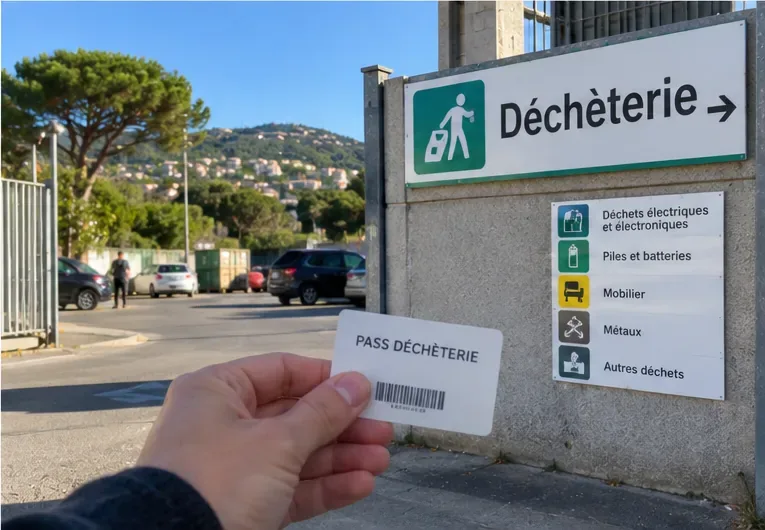 Une personne tient une carte d’accès devant l’entrée d’une déchetterie avec un panneau indiquant piles et batteries
