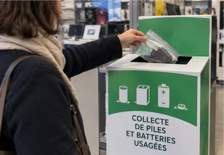 Une personne dépose un sachet contenant une petite batterie dans un collecteur marqué pour les piles et batteries usagées