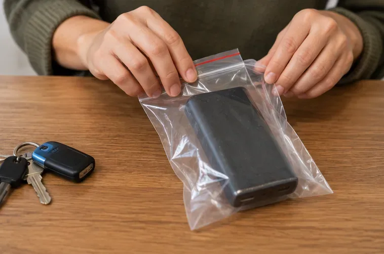 Batterie externe placée seule dans un sachet transparent, séparée d’un trousseau de clés